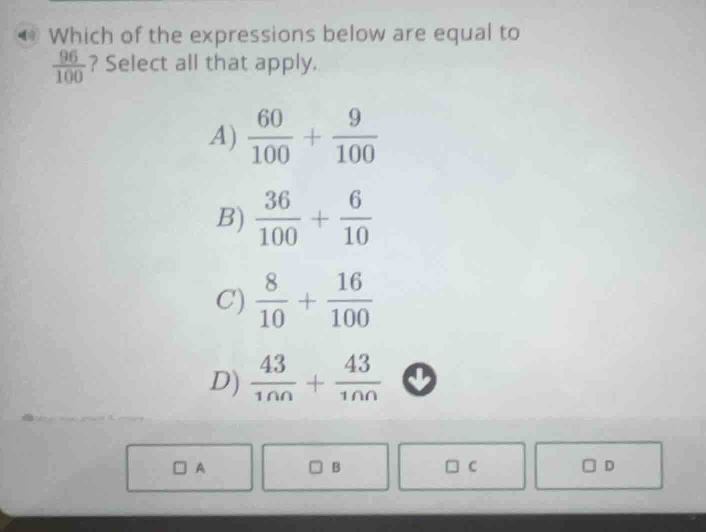 which of the expressions below are equal to \\(\frac{96}{100}\\)? selec…