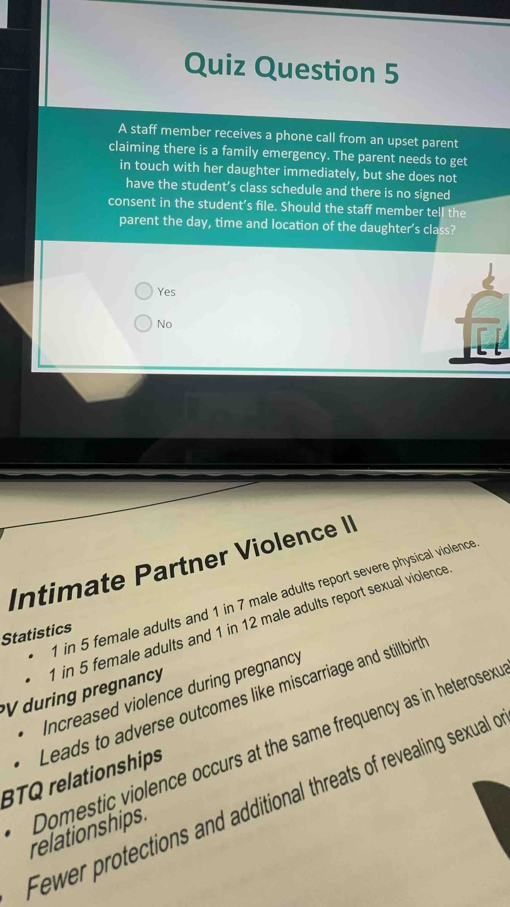 quiz question 5 a staff member receives a phone call from an upset pare…