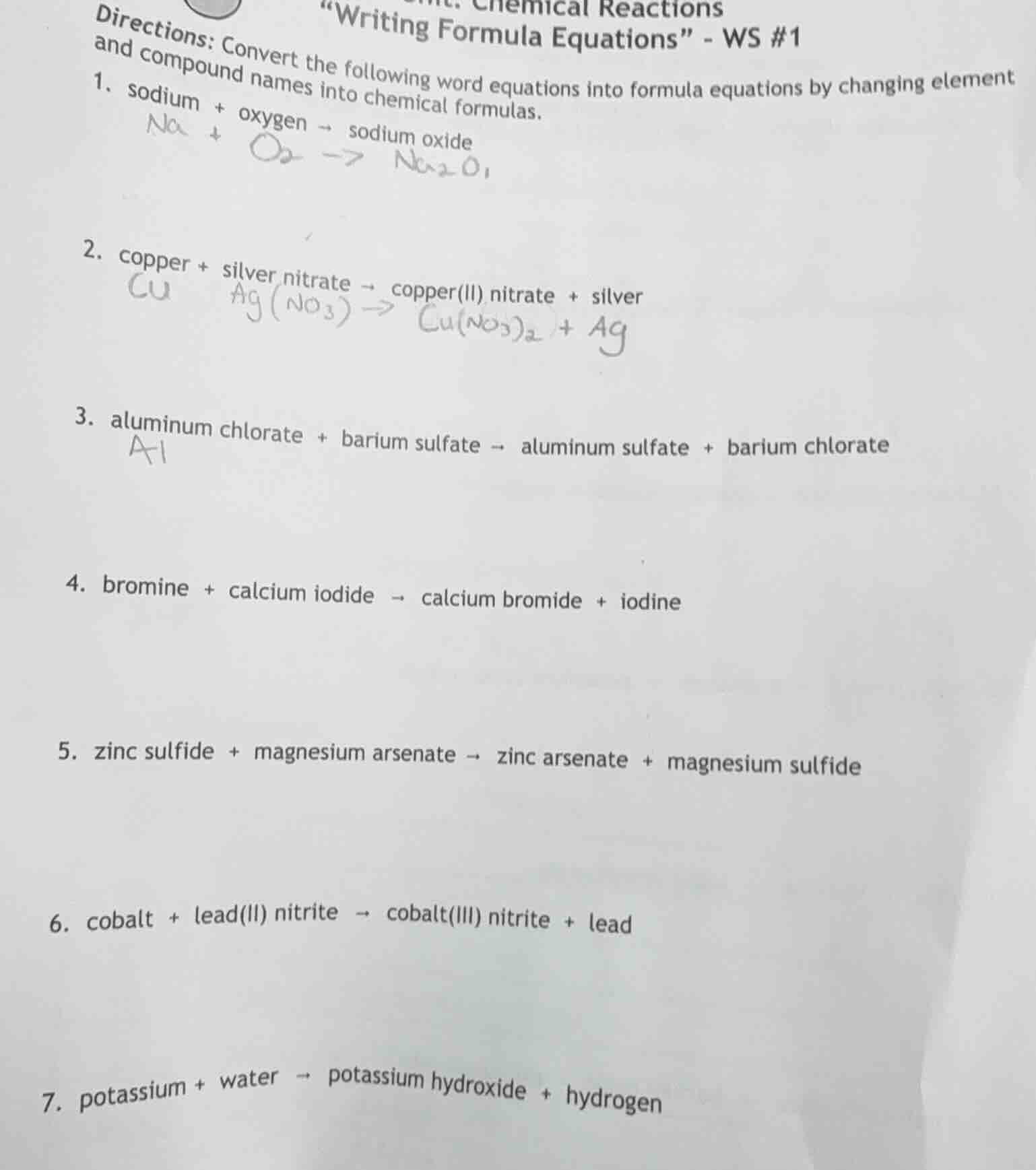 chemical reactions \writing formula equations\ - ws #1 directions: conv…