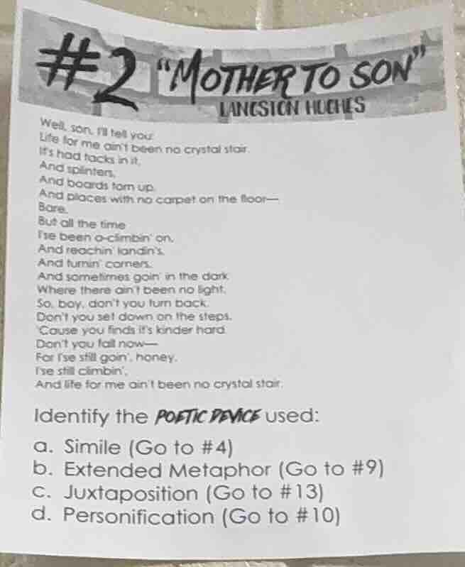 #2 \mother to son\ langston hughes well, son, ill tell you: life for me…
