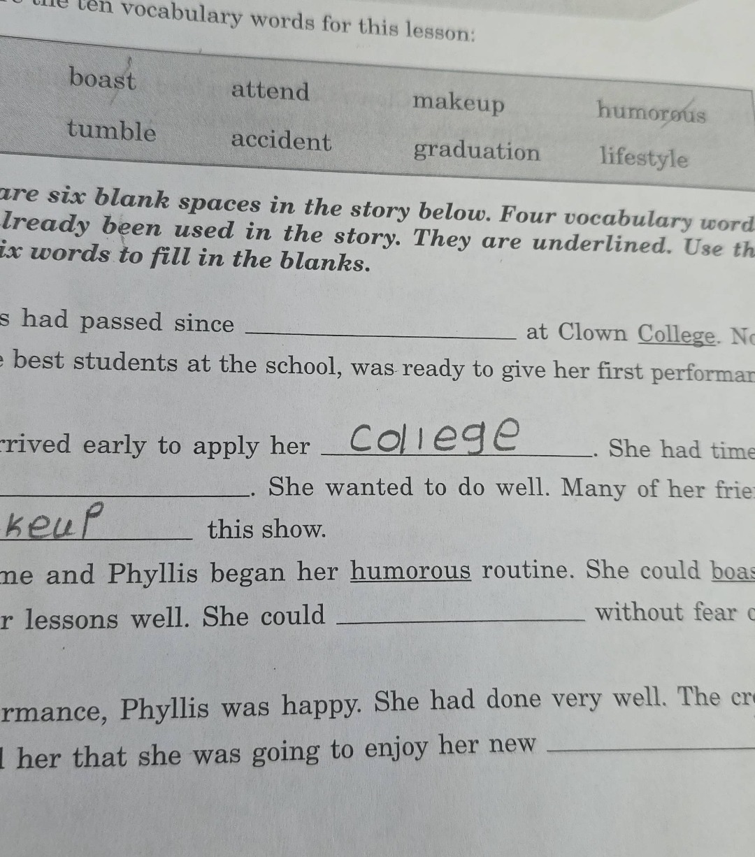 the ten vocabulary words for this lesson: boast attend makeup humorous …