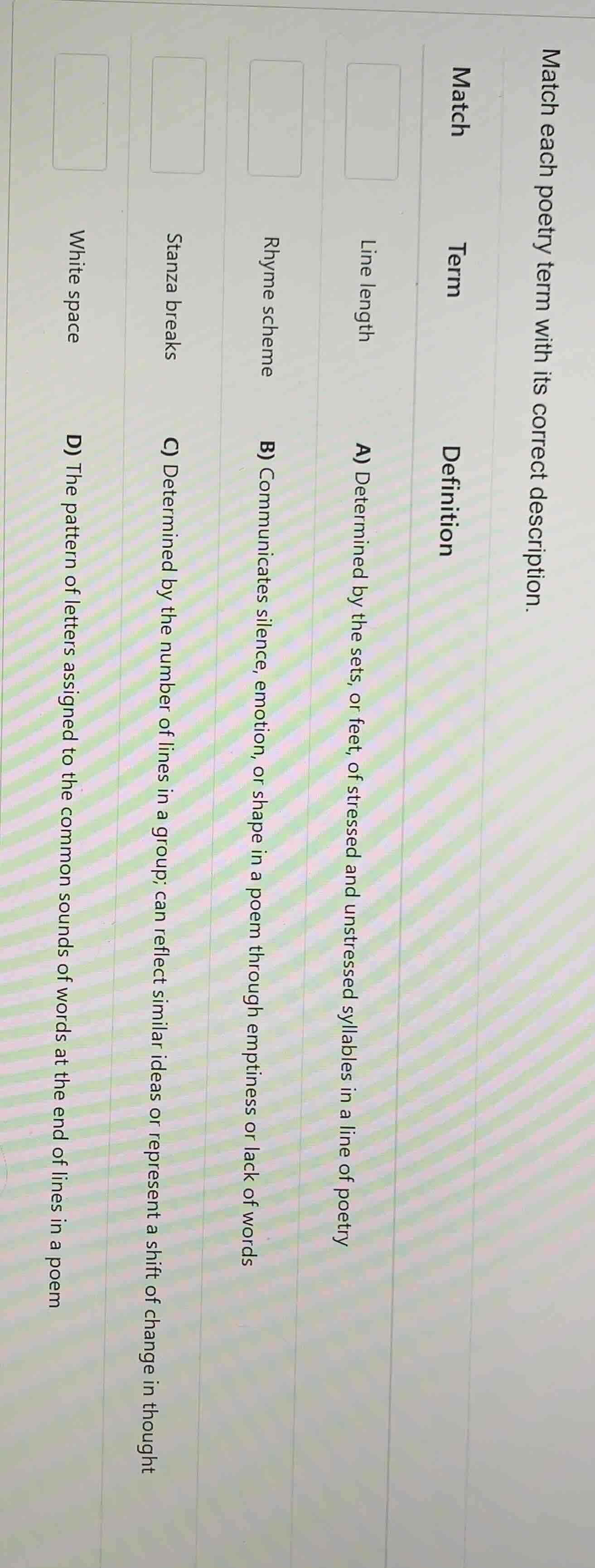 match each poetry term with its correct description. match term definit…