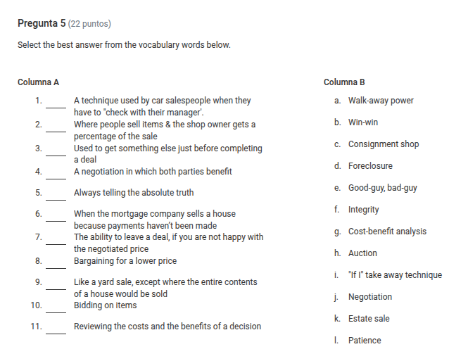 pregunta 5 (22 puntos) select the best answer from the vocabulary words…