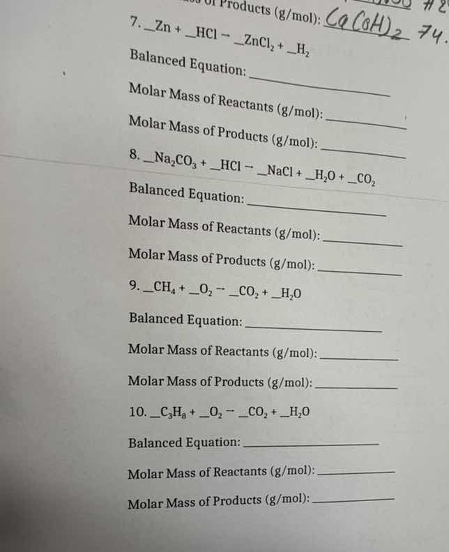 7. _zn + _hcl → _zncl₂ + _h₂ balanced equation: ___________ molar mass …