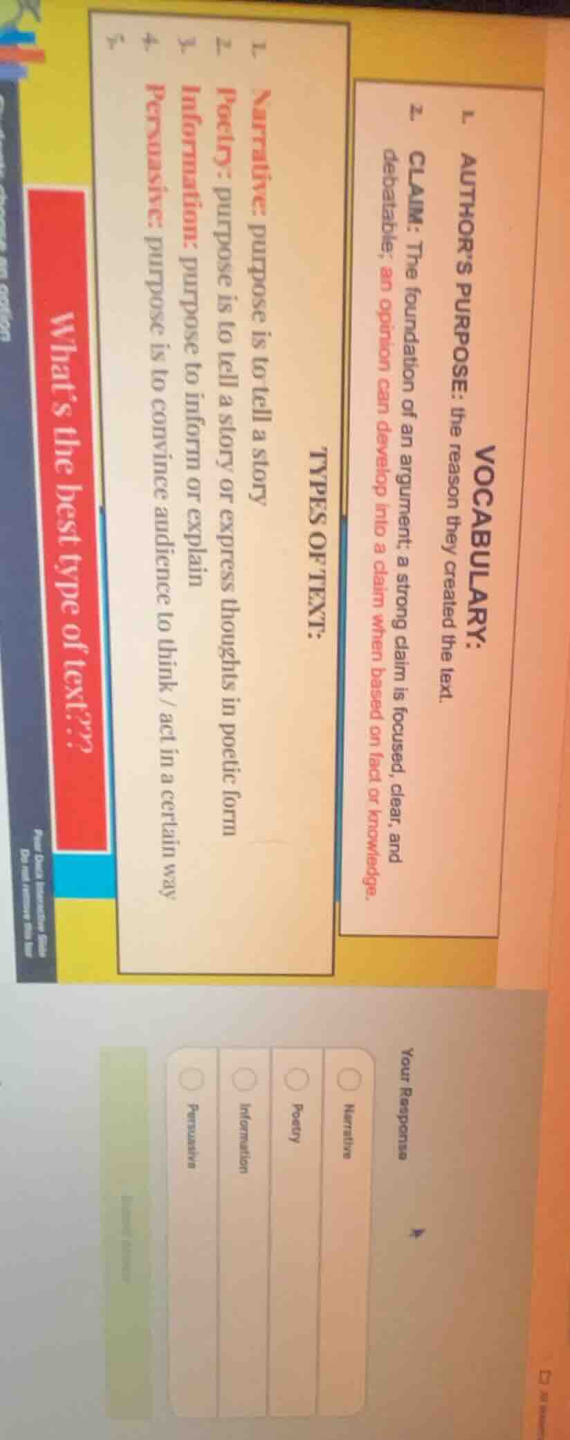 vocabulary: 1. author’s purpose: the reason they created the text. 2. c…