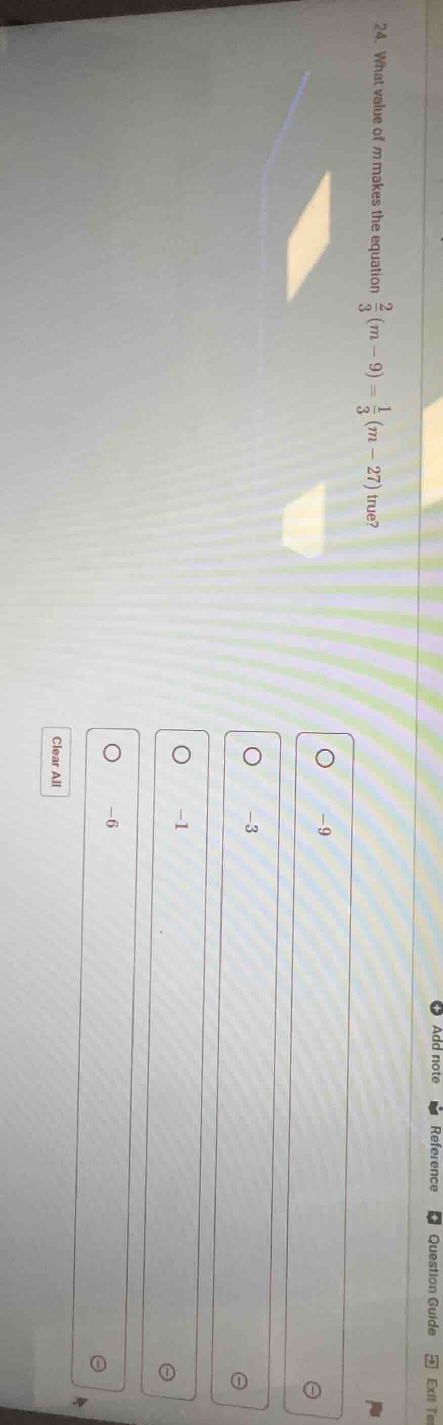 24. what value of m makes the equation \\(\\frac{2}{3}(m - 9)=\\frac{1}…
