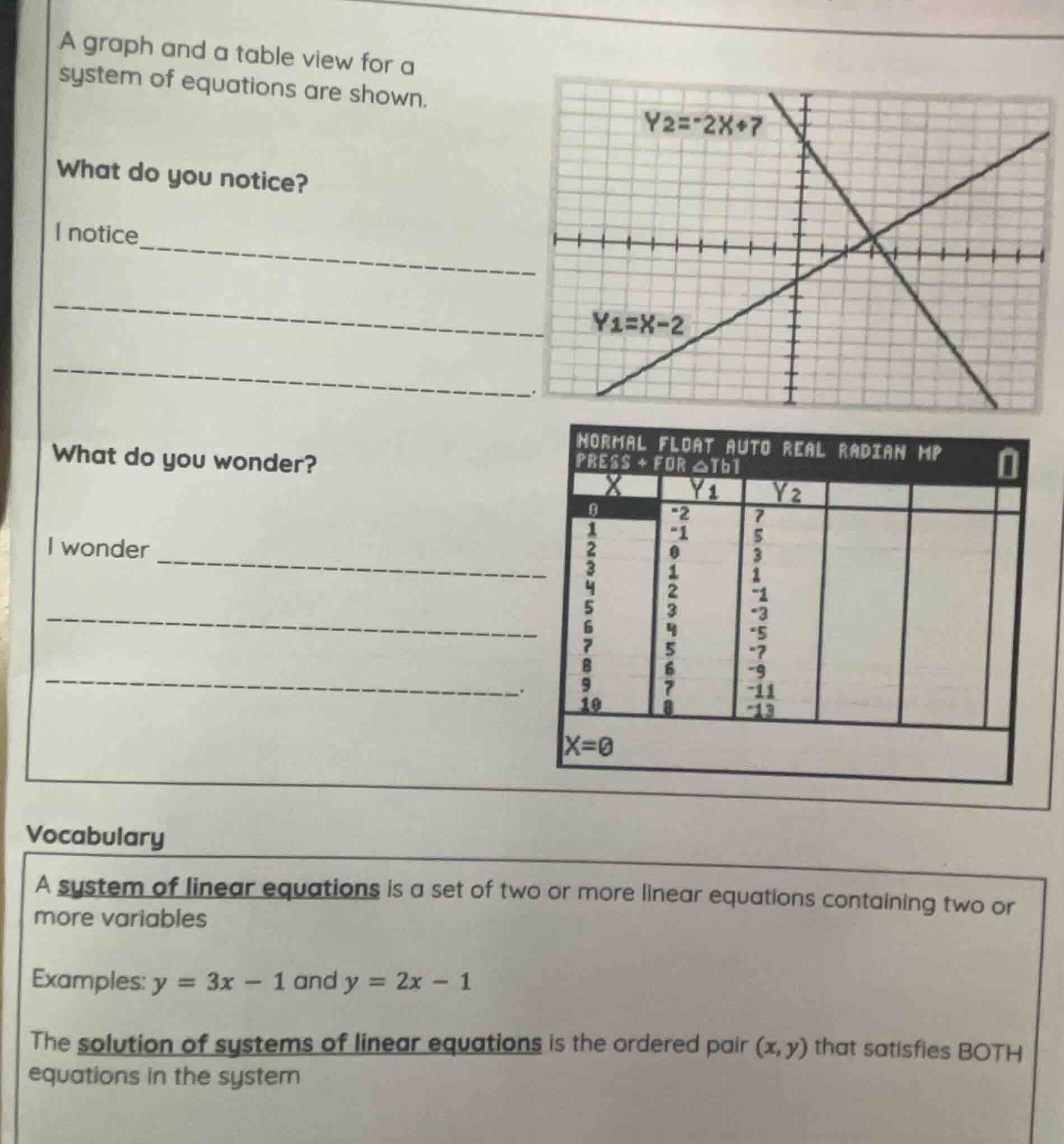 a graph and a table view for a system of equations are shown. what do y…