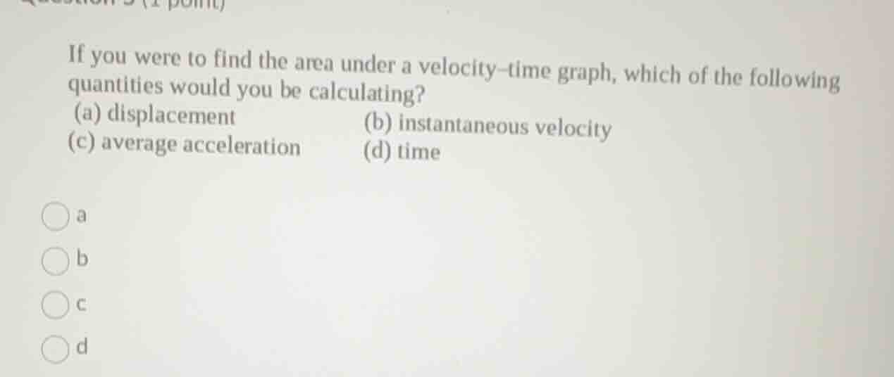 if you were to find the area under a velocity - time graph, which of th…