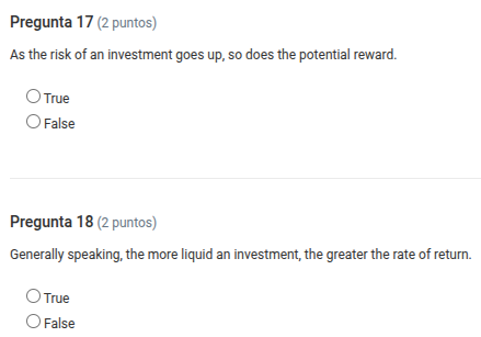 pregunta 17 (2 puntos) as the risk of an investment goes up, so does th…