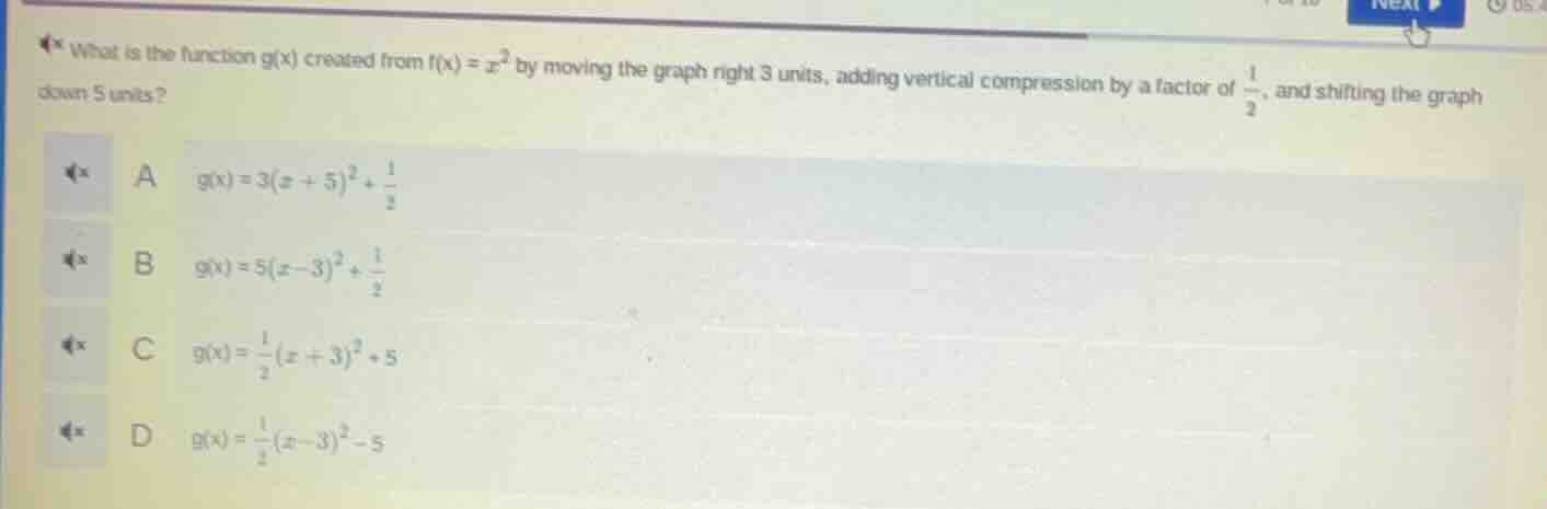 what is the function g(x) created from f(x)=x² by moving the graph righ…