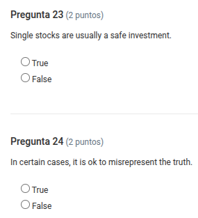 pregunta 23 (2 puntos) single stocks are usually a safe investment. tru…