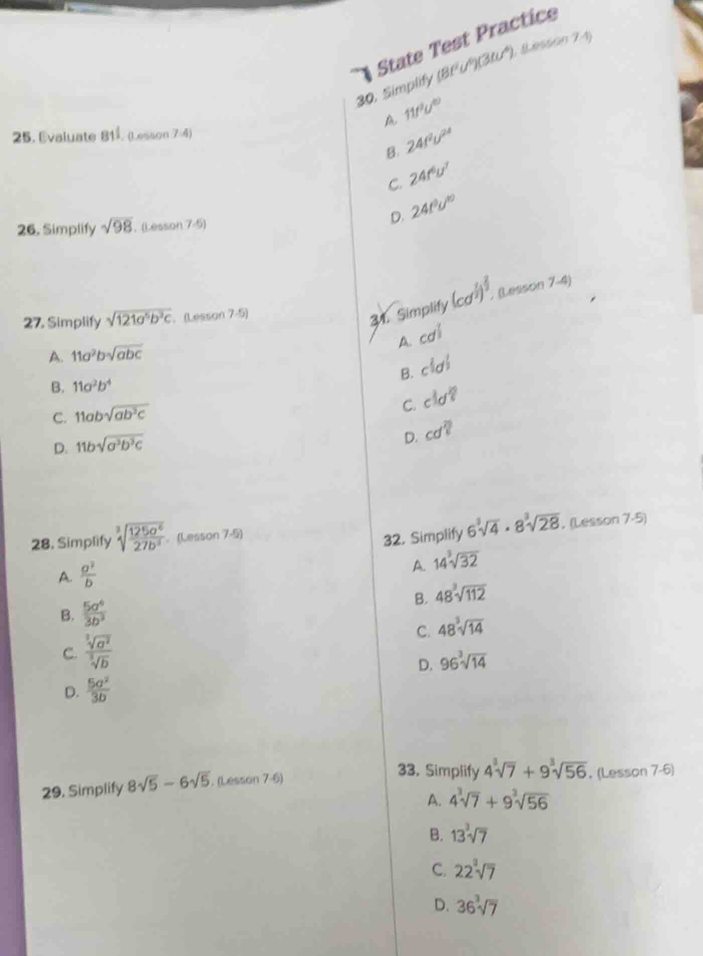 25. evaluate ( 81^{\frac{1}{4}} ). (lesson 7 - 4) 26. simplify ( sqrt{9…