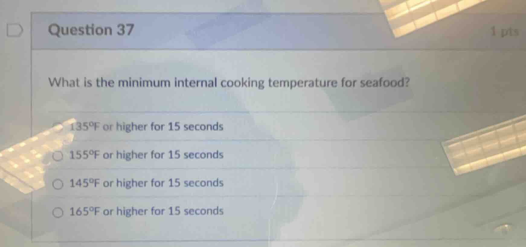 question 37 1 pts what is the minimum internal cooking temperature for …