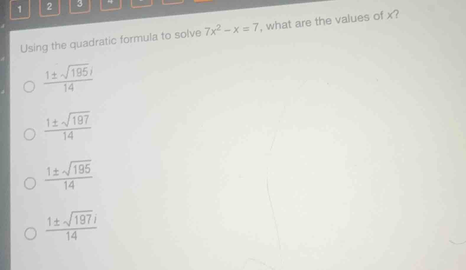 using the quadratic formula to solve $7x^2 - x = 7$, what are the value…