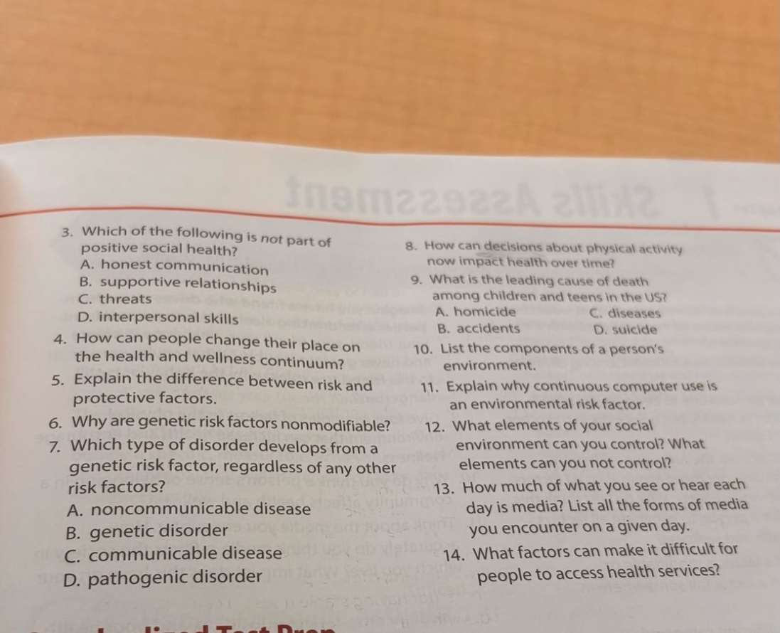 3. which of the following is not part of positive social health? a. hon…