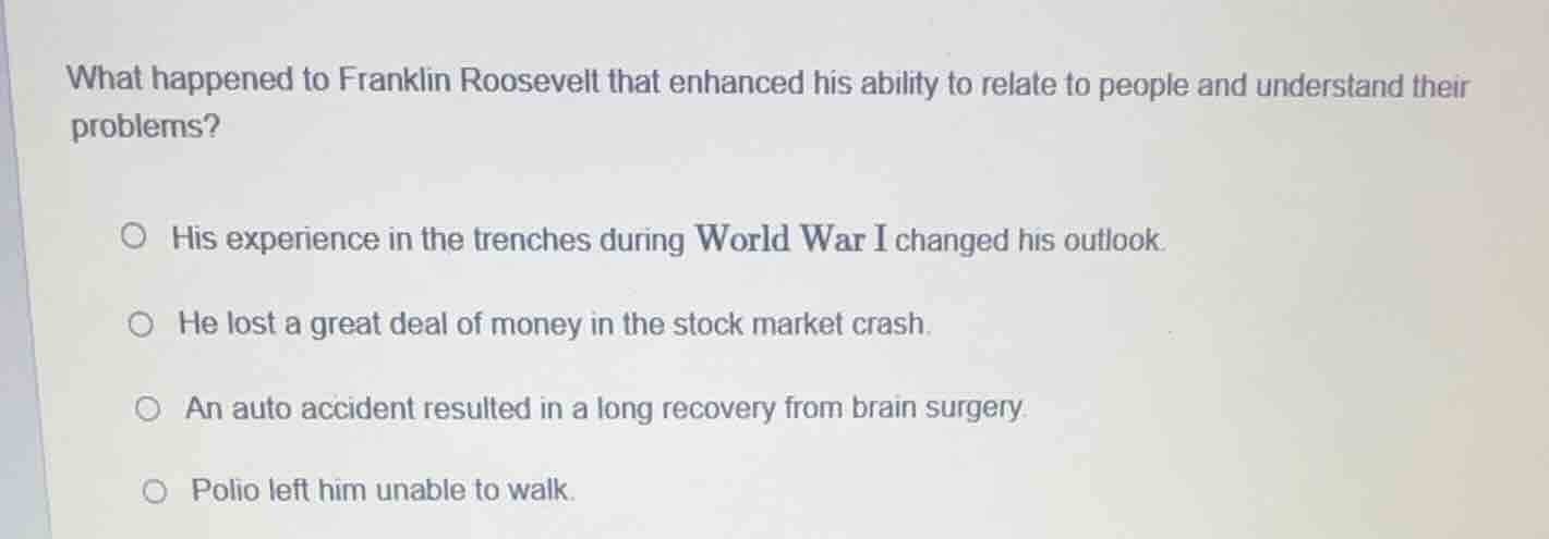what happened to franklin roosevelt that enhanced his ability to relate…