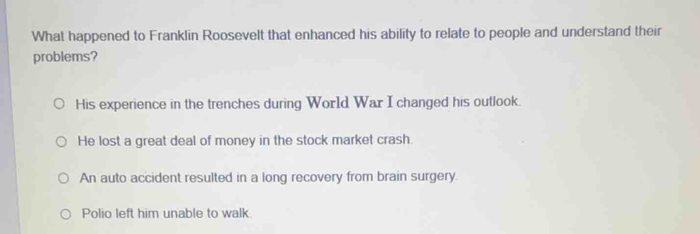 what happened to franklin roosevelt that enhanced his ability to relate…