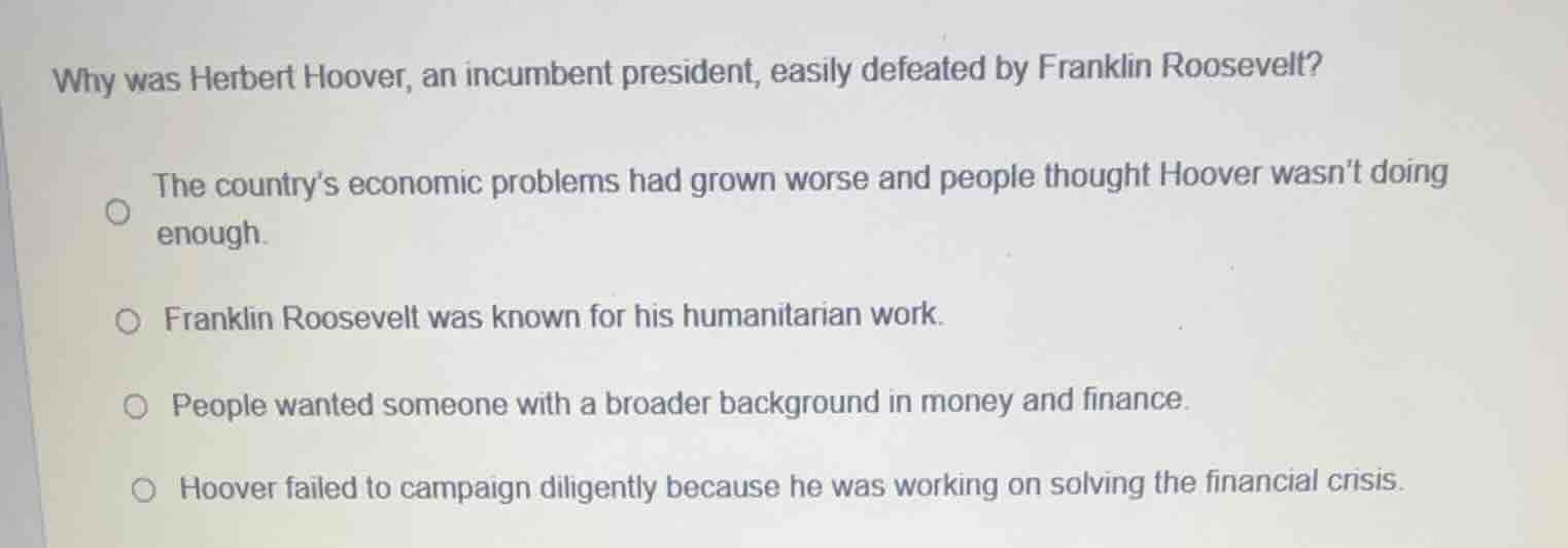 why was herbert hoover, an incumbent president, easily defeated by fran…