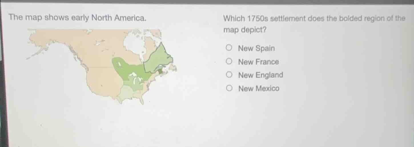 the map shows early north america. which 1750s settlement does the bold…