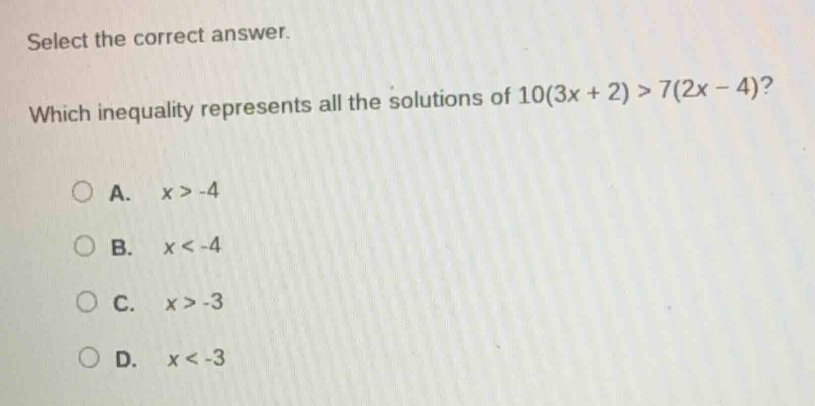 select the correct answer. which inequality represents all the solution…
