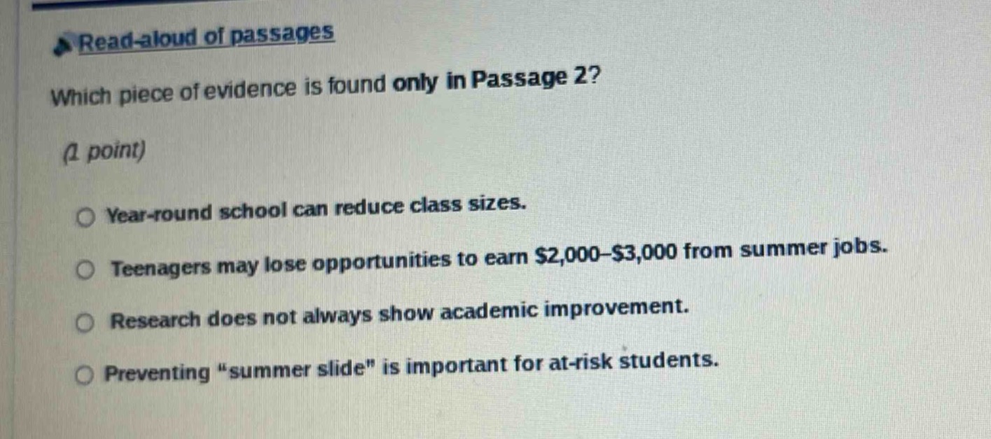 read - aloud of passages which piece of evidence is found only in passa…