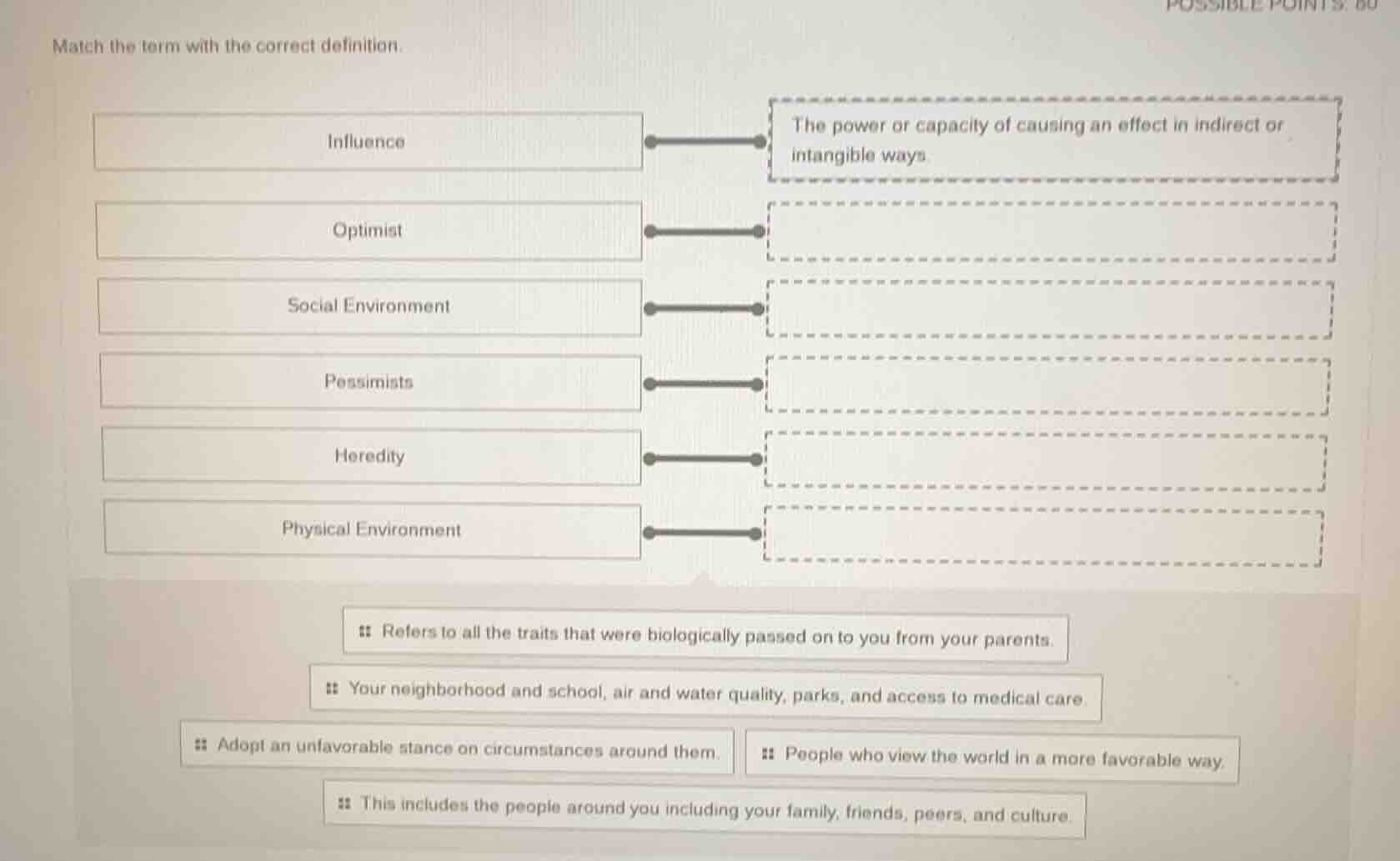 match the term with the correct definition. influence the power or capa…