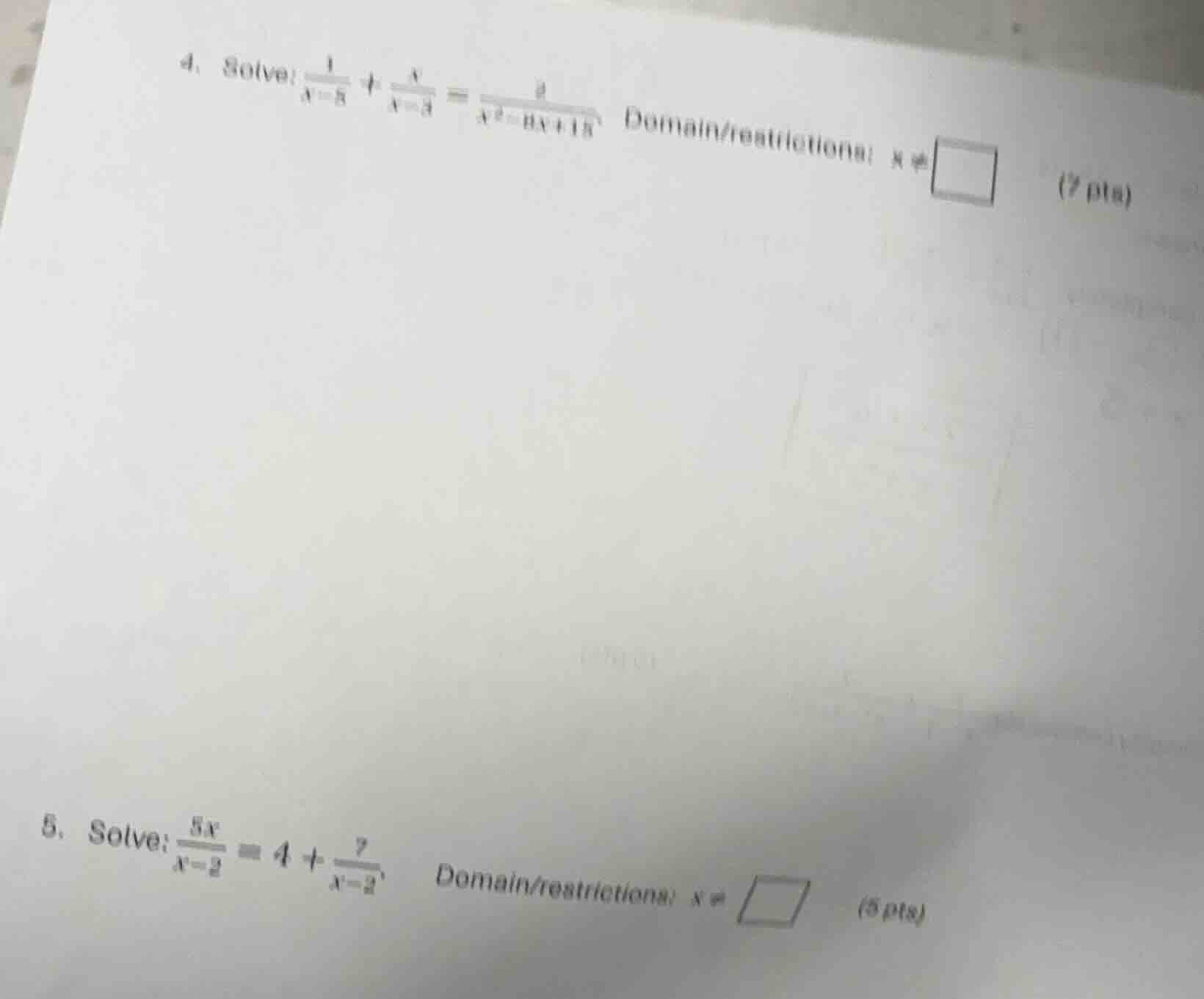 4. solve: \\(\\frac{1}{x - 5} + \\frac{x}{x - 3} = \\frac{4}{x^2 - 8x +…