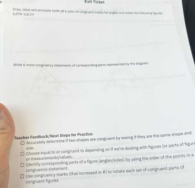 exit ticket draw, label and annotate (with all 6 pairs of congruent mar…