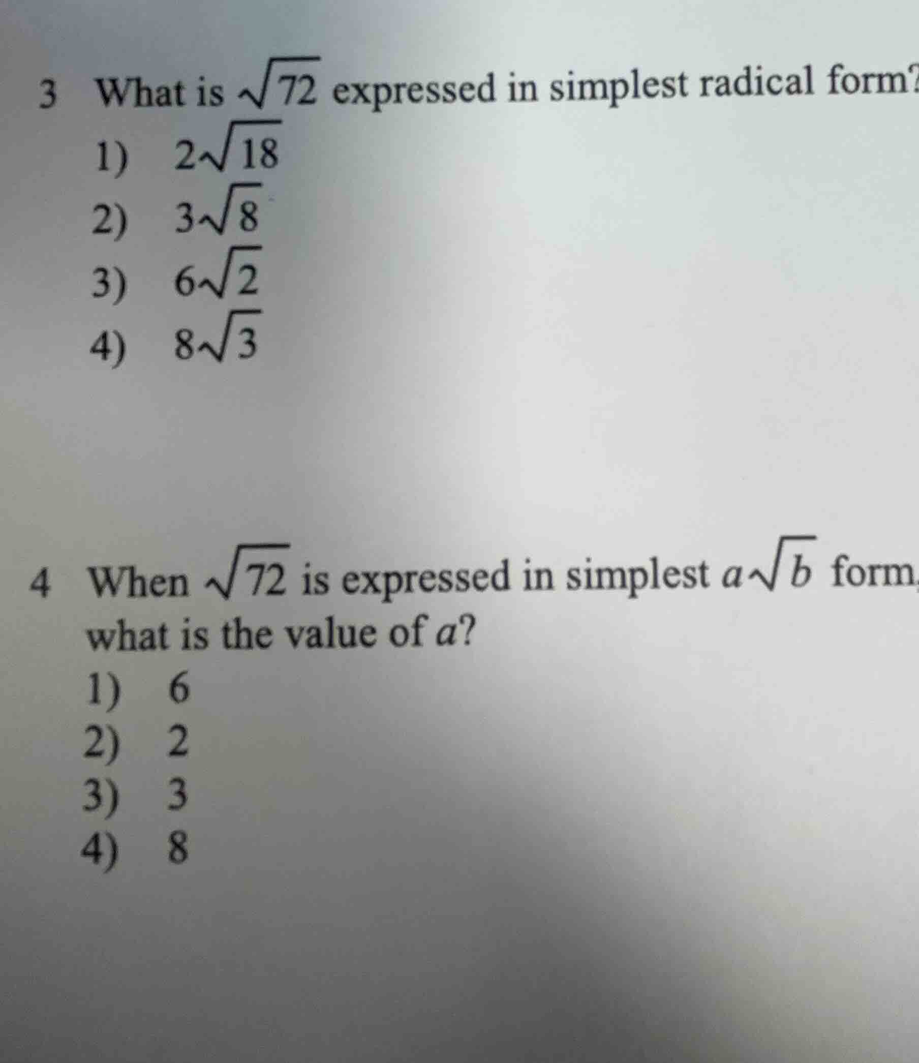 3 what is \\(\\sqrt{72}\\) expressed in simplest radical form? 1) \\(2\…