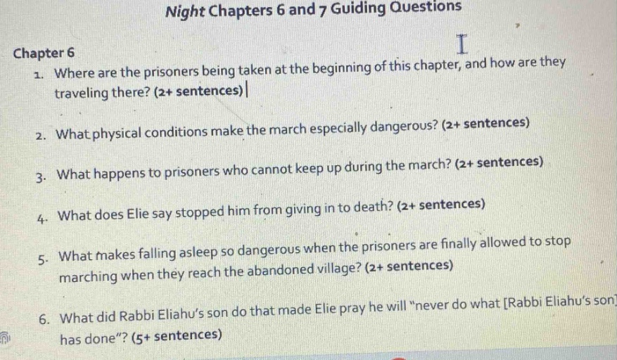 night chapters 6 and 7 guiding questions chapter 6 1. where are the pri…