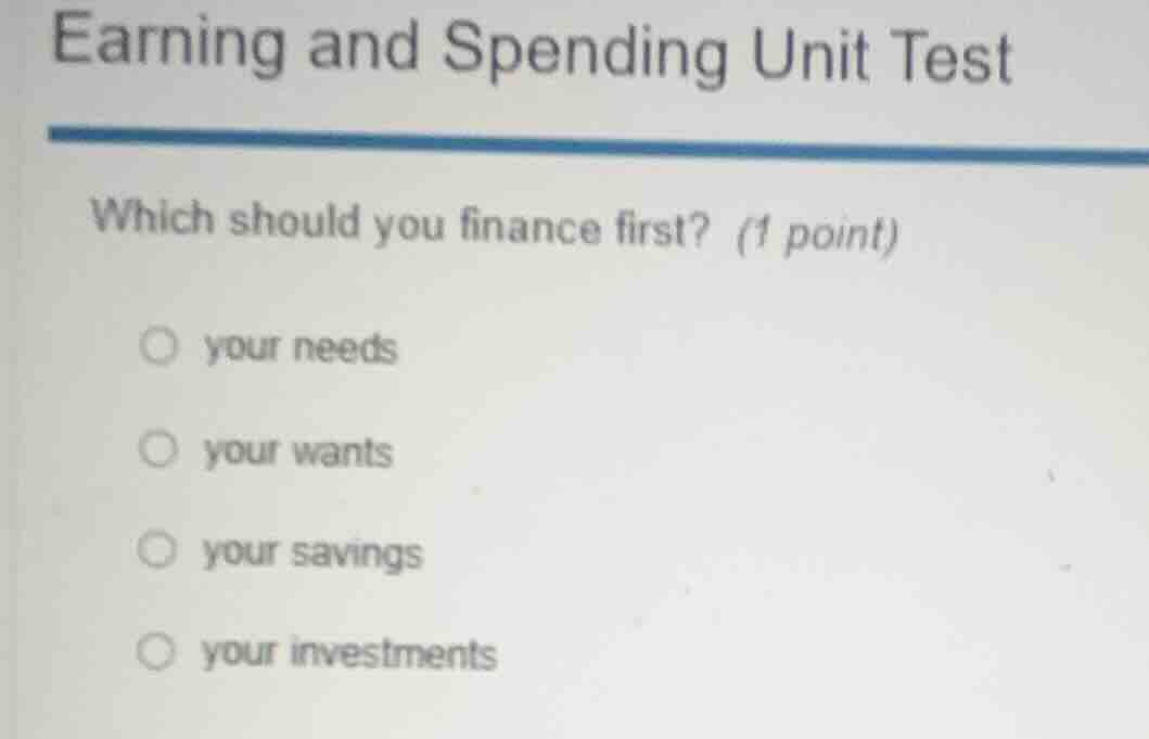 earning and spending unit test which should you finance first? (1 point…