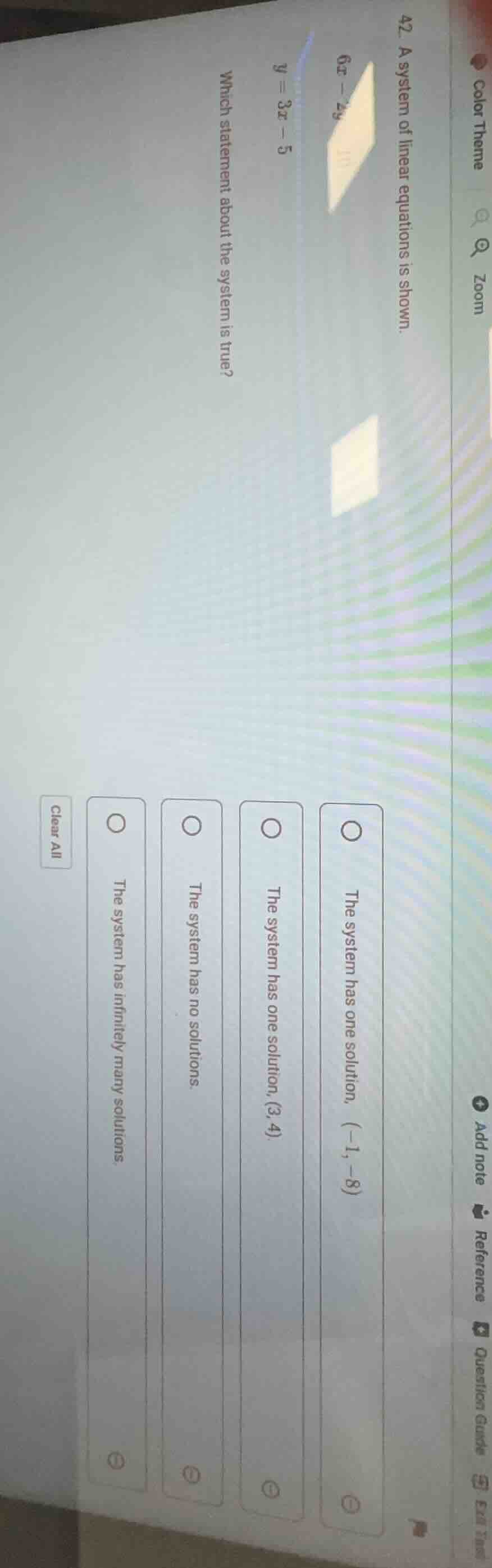 42. a system of linear equations is shown. $6x - 2y$ $y = 3x - 5$ which…