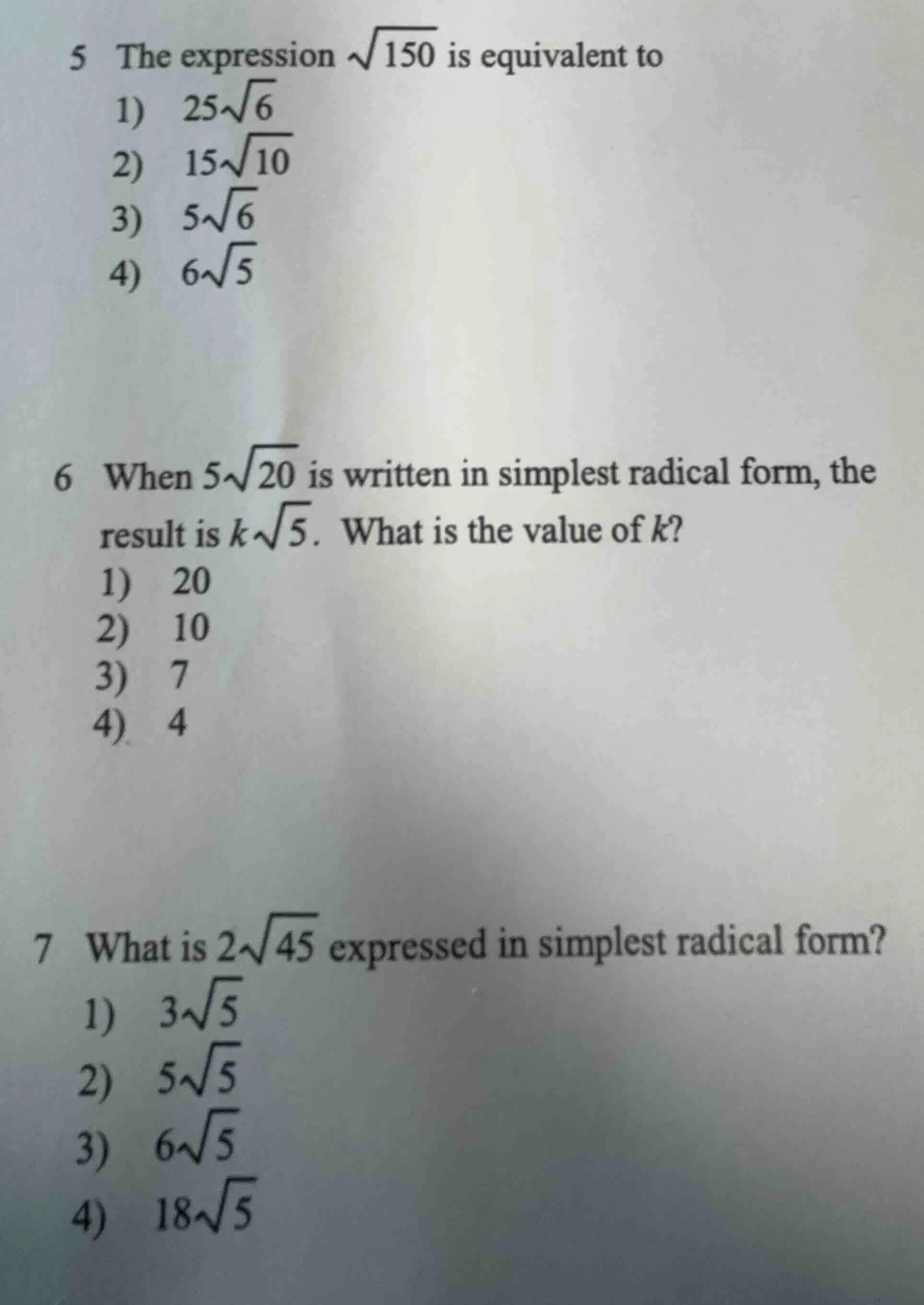 5 the expression \\(\\sqrt{150}\\) is equivalent to 1) \\(25\\sqrt{6}\\…