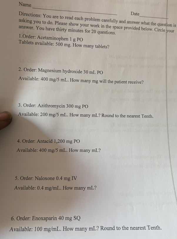 name date directions: you are to read each problem carefully and answer…