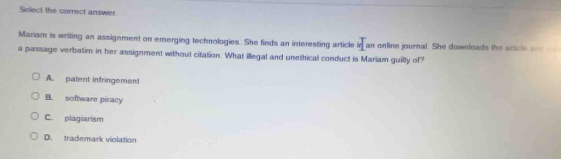 select the correct answer. mariam is writing an assignment on emerging …