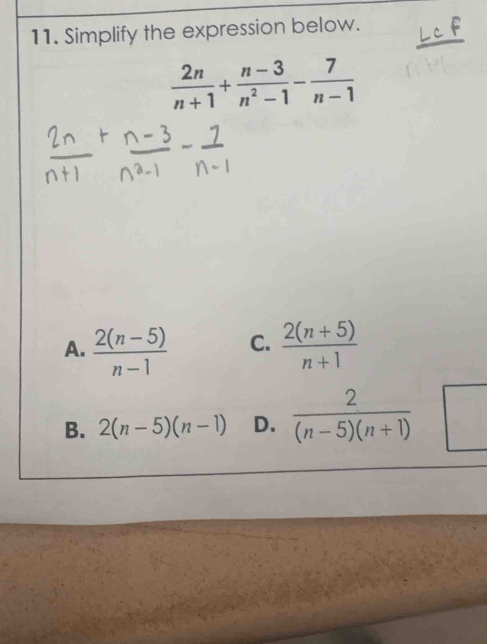 11. simplify the expression below. \\(\\frac{2n}{n + 1}+\\frac{n - 3}{n…