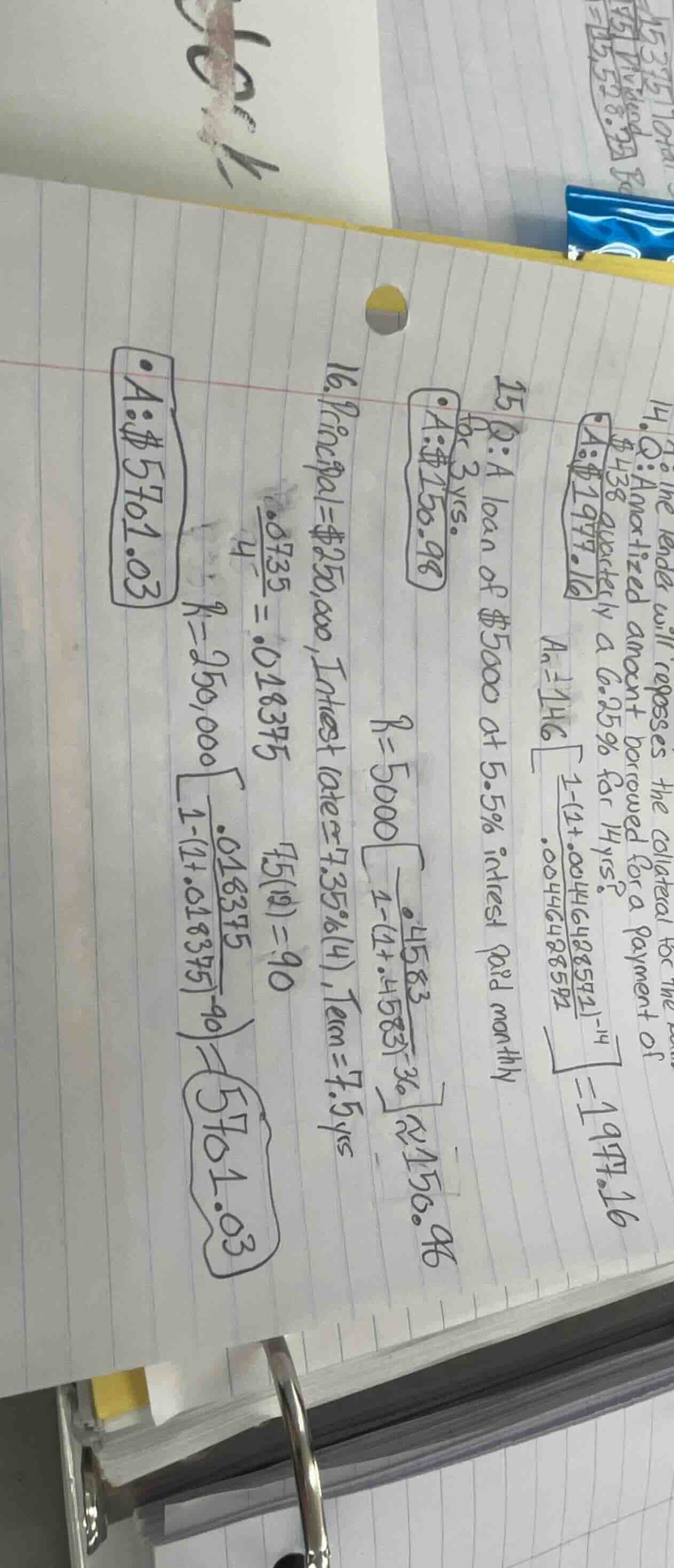 14. q: a $438 amortized amount borrowed for a payment of quarterly at 6…