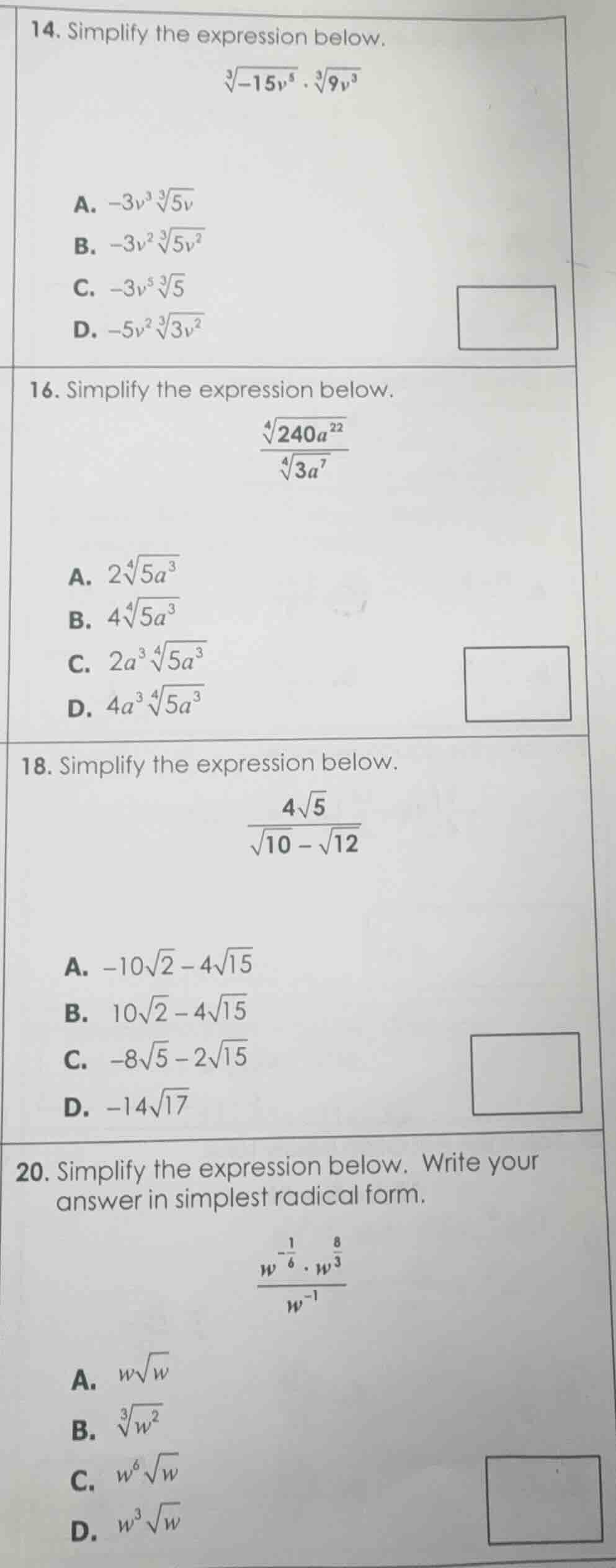 14. simplify the expression below. \\(\\sqrt3{-15v^5} \\cdot \\sqrt3{9v…