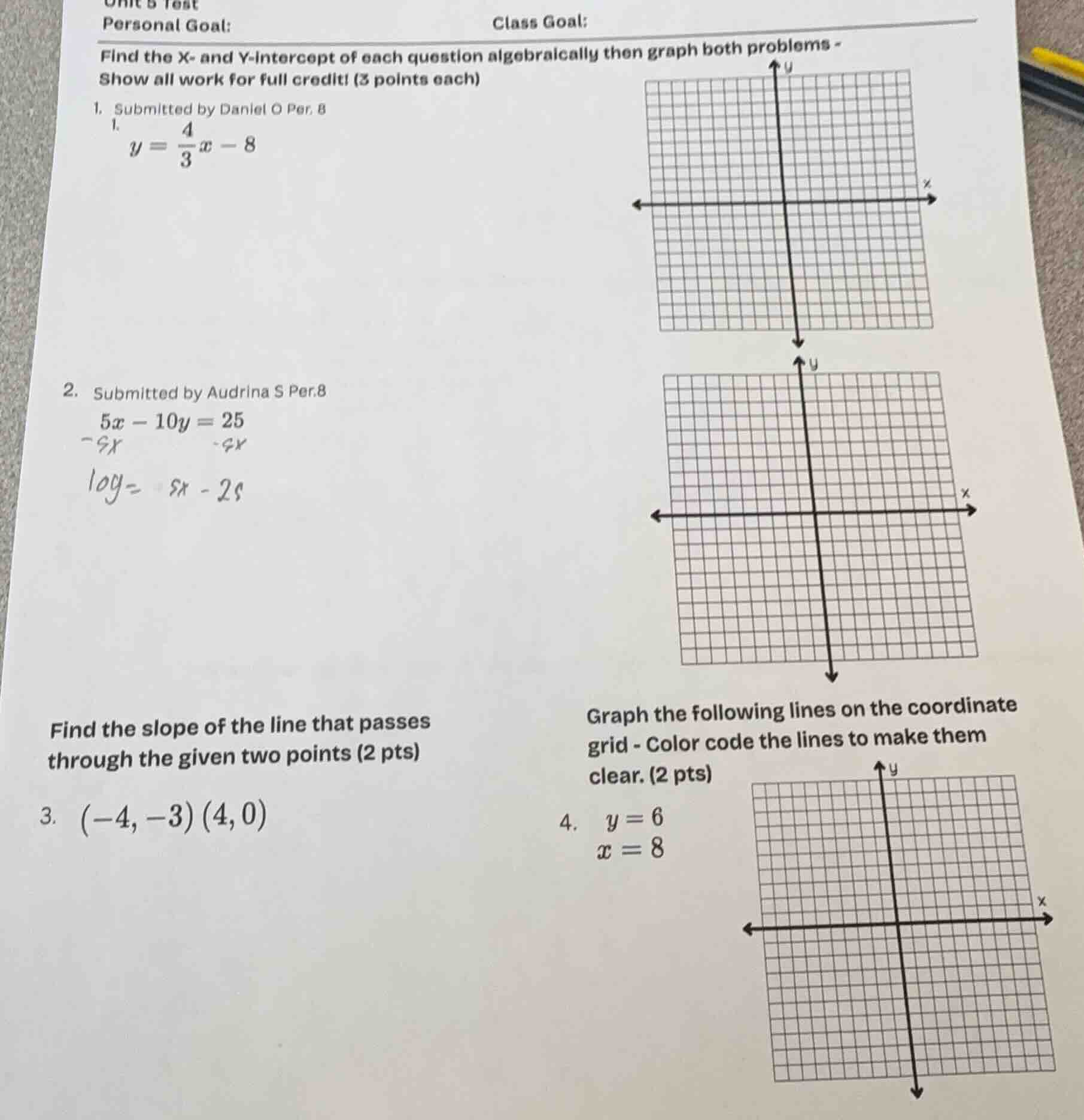 unit 5 test personal goal: class goal: find the x- and y-intercept of e…