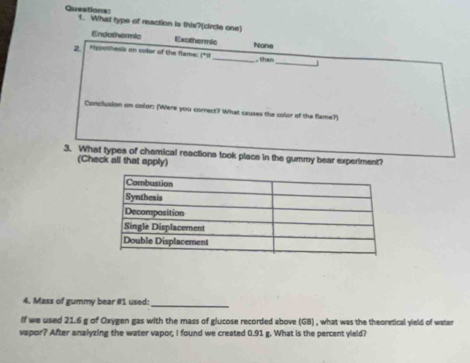 questions: 1. what type of reaction is this?(circle one) endothermic ex…