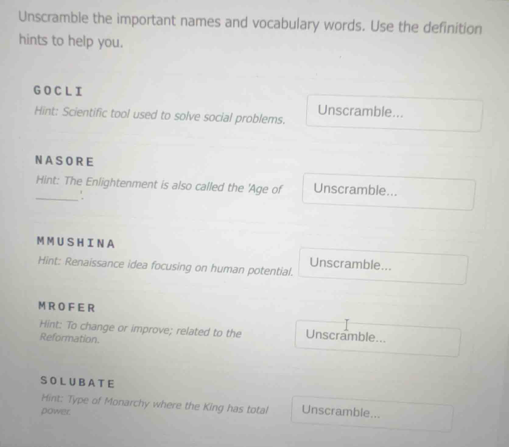 unscramble the important names and vocabulary words. use the definition…