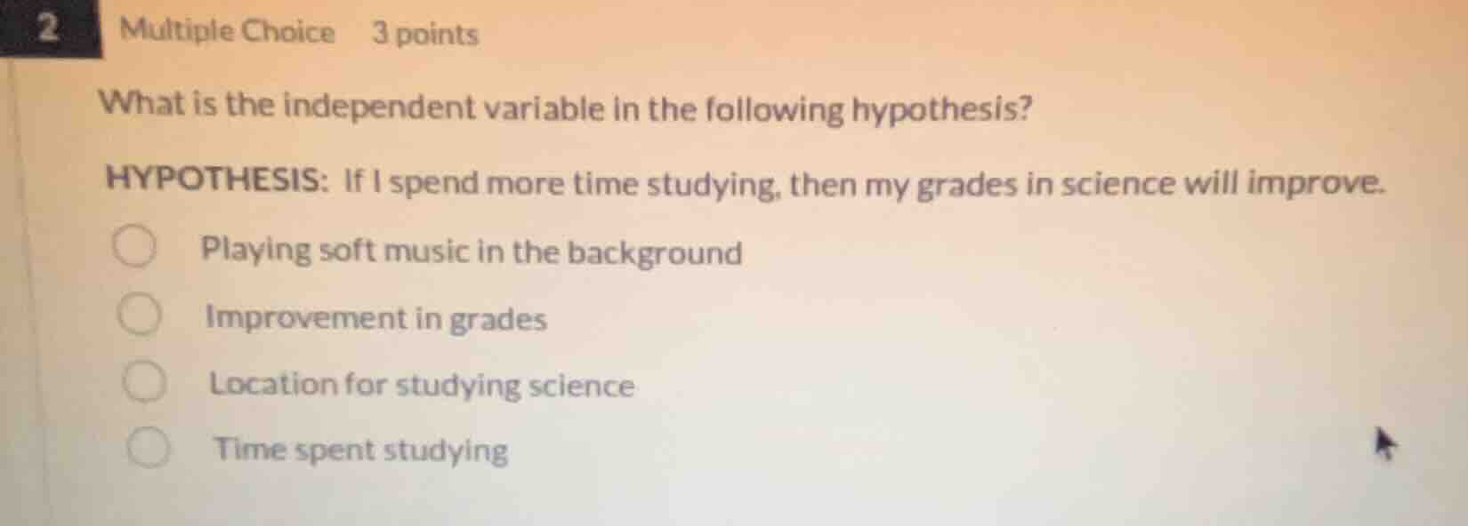 2 multiple choice 3 points what is the independent variable in the foll…