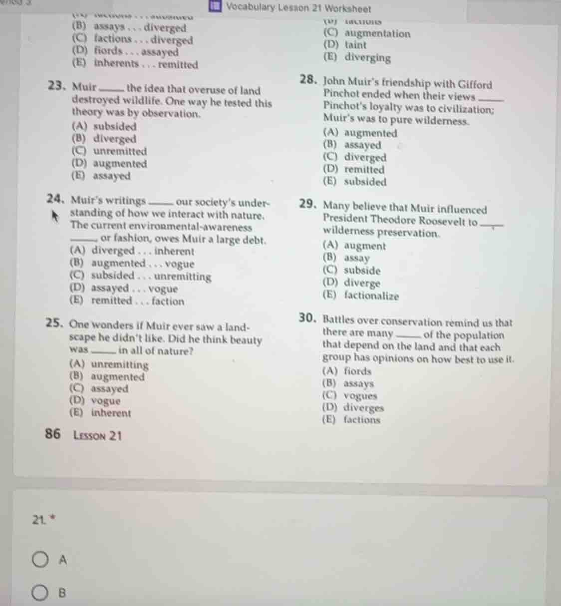 vocabulary lesson 21 worksheet (b) assays... diverged (c) factions... d…
