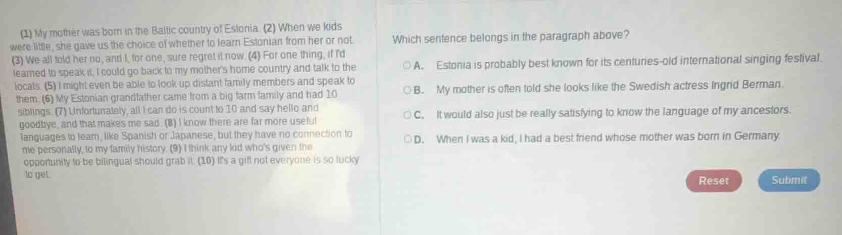 (1) my mother was born in the baltic country of estonia. (2) when we ki…