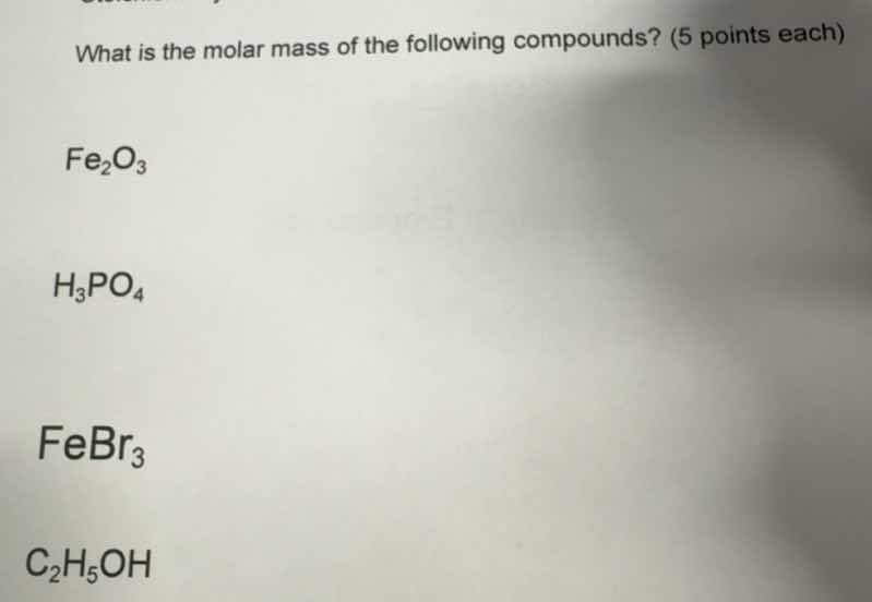 what is the molar mass of the following compounds? (5 points each) fe₂o…