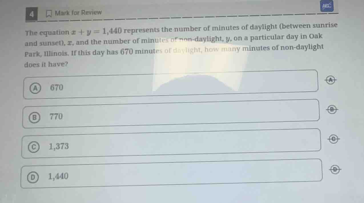 4 mark for review the equation $x + y = 1,440$ represents the number of…