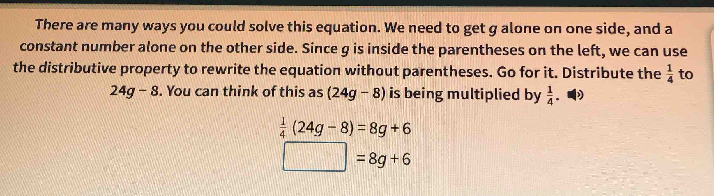 there are many ways you could solve this equation. we need to get g alo…