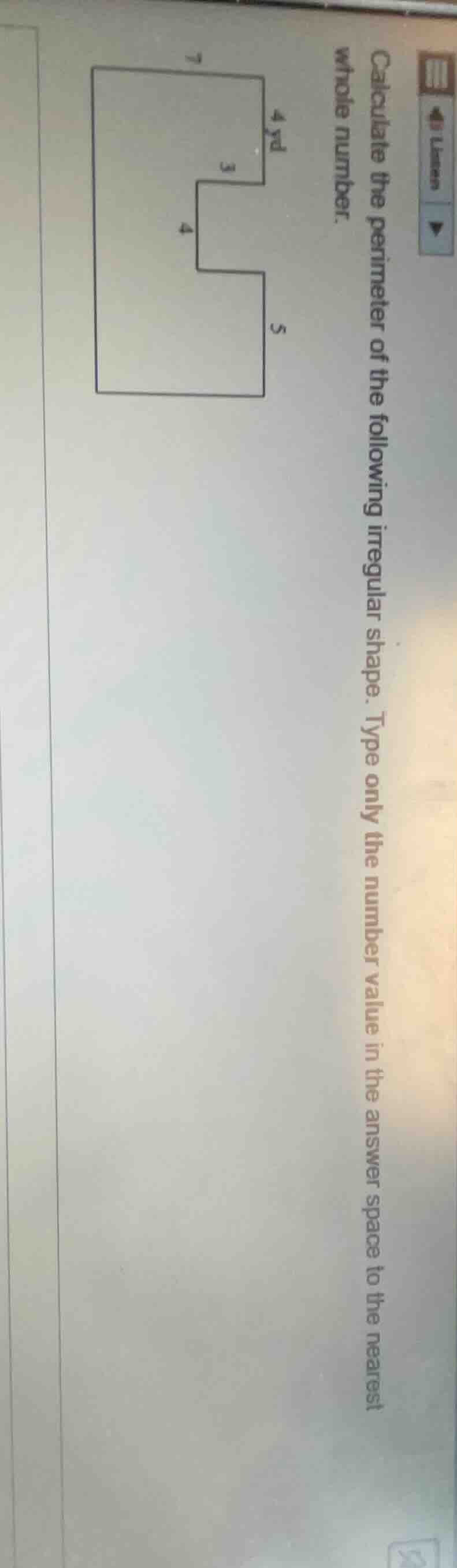 calculate the perimeter of the following irregular shape. type only the…