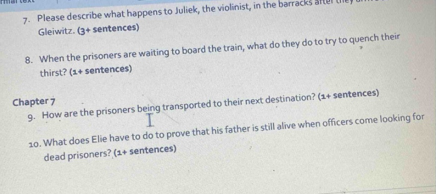 7. please describe what happens to juliek, the violinist, in the barrac…