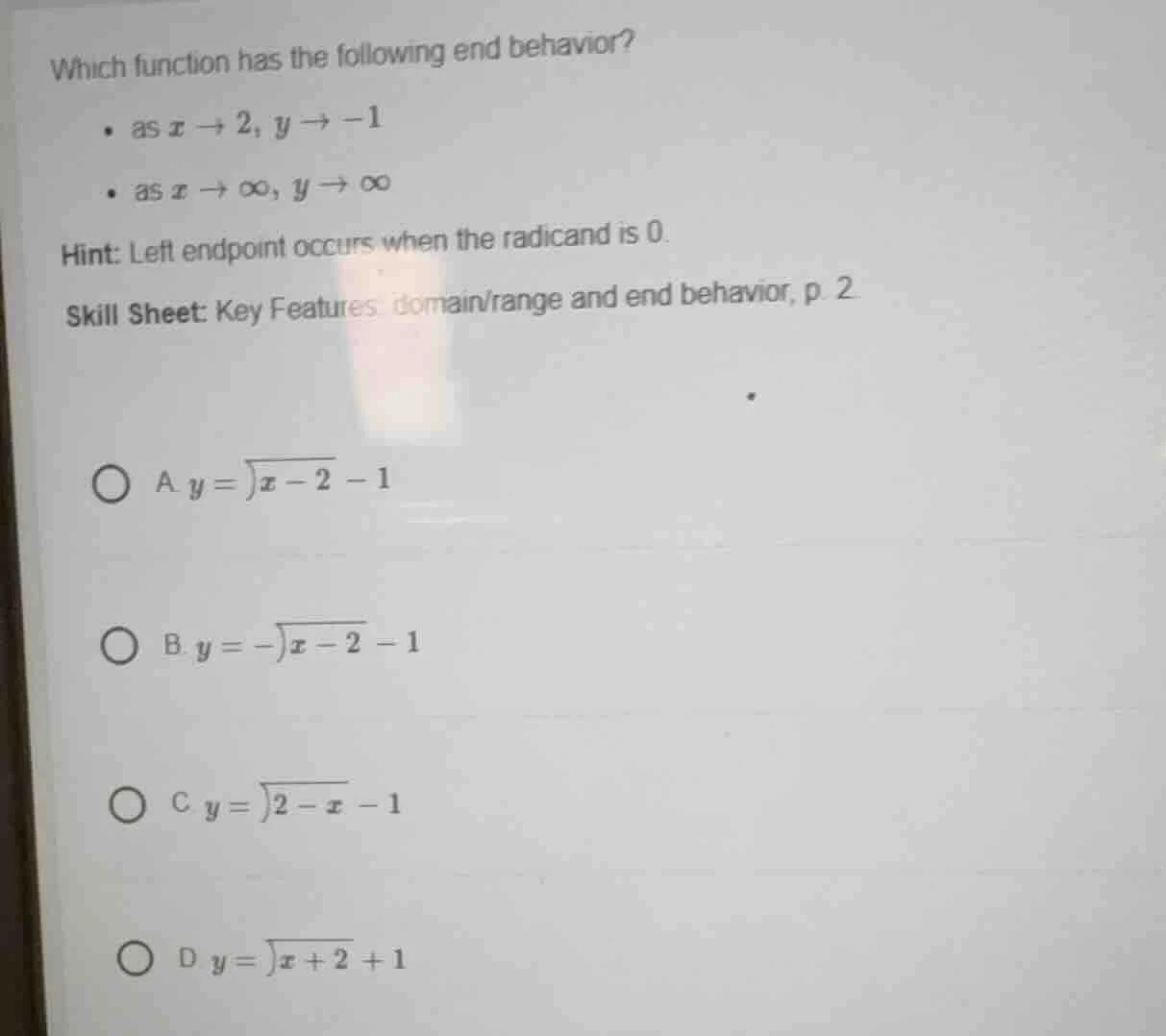 which function has the following end behavior? - as ( x \to 2 ), ( y \t…